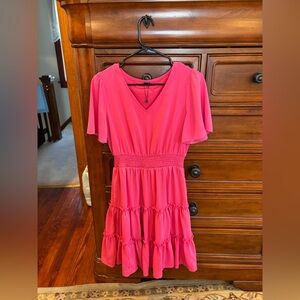 Zattcas Pink Flutter Sleeve Smocked Waist Tiered Dress | Size Small